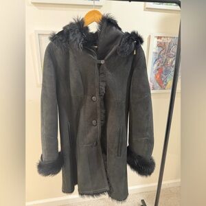 Danier Black Sheepskin Jacket with Fur Trim and Hood